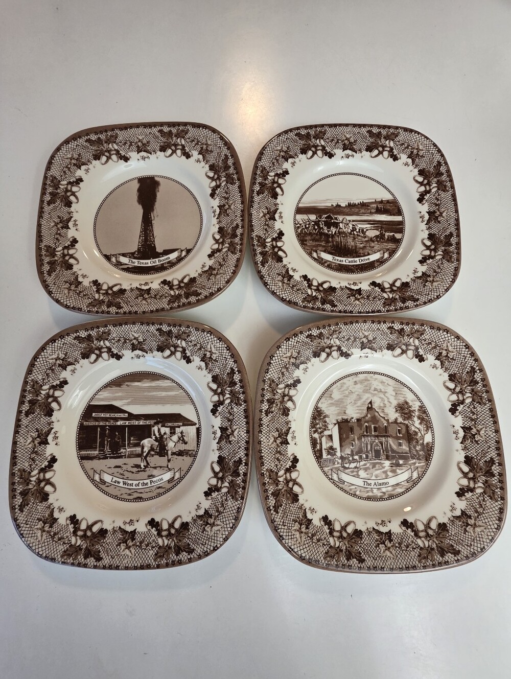 4 Johnson Brothers "Historic America" Texas salad plates in brown transferware 8